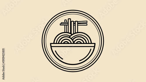 Black line art depicts ramen in a bowl, chopsticks atop, all inside a circle