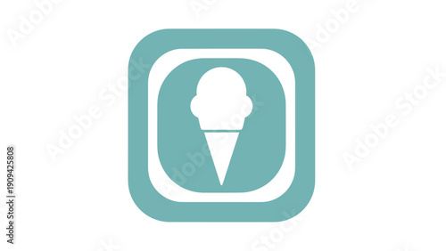 A stylized ice cream cone illustration in white, nested inside teal rounded squares