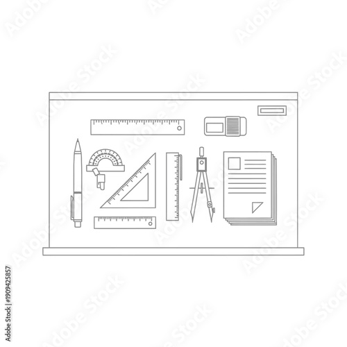 An illustration depicting a collection of drafting tools arranged on a surface