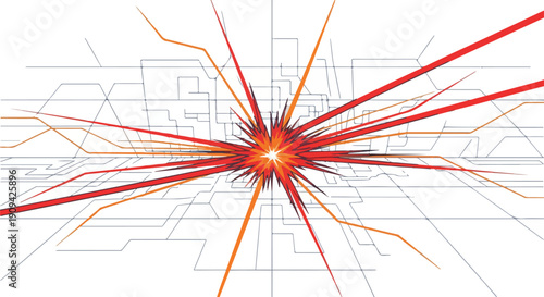 Abstract digital explosion representing data flow, network communication, and technological innovation. Dynamic energy burst across a futuristic circuit board grid.