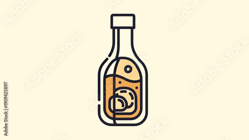A stylized cartoon bottle filled with a yellow liquid, and a small round object inside