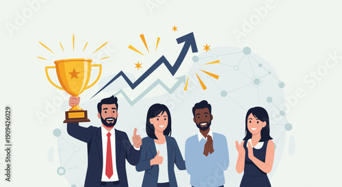 Business Team Celebrating Success with Trophy.