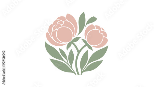 A floral design with two blooming flowers, leaves, and stems in a round arrangement