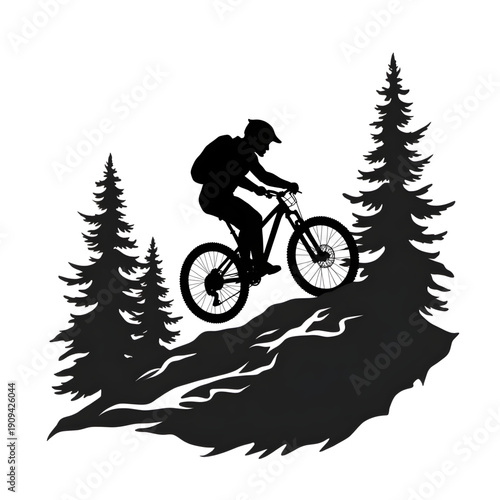 Silhouette of a Mountain Biker: A dynamic silhouette captures a mountain biker navigating a challenging terrain, framed by towering trees, showcasing the thrill of adventure and outdoor pursuit.