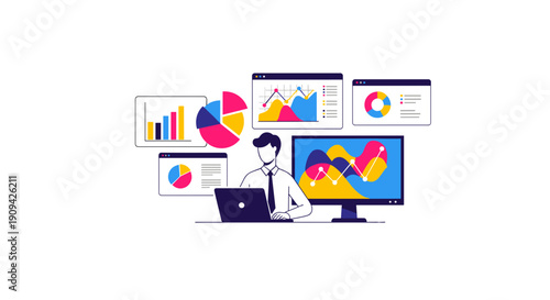 Data Analyst Working on Computer with Charts.