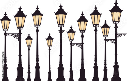 Vintage street lamp collection with classic lantern silhouettes, elegant urban lighting illustration ideal for city design, architecture themes, retro posters, and decorative projects