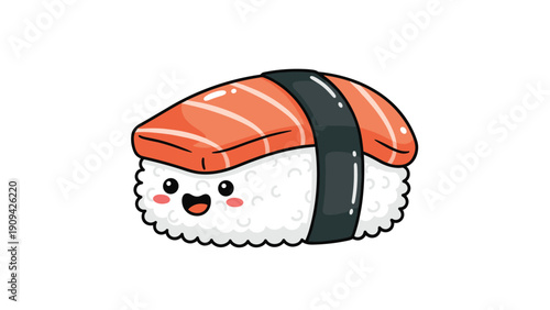 Adorable salmon nigiri sushi character with a cheerful smiling face and rosy cheeks on a clean white background.
