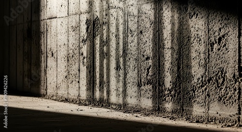 Gritty concrete wall with dramatic vertical shadows cast by harsh light conveying a sense of confinement and starkness