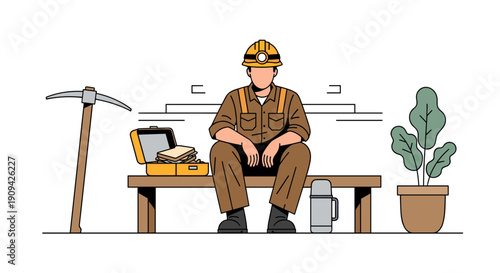 Construction Worker Sitting on Bench with Toolbox.