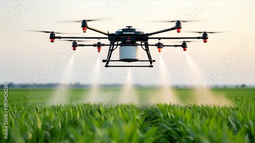 Smart drone spraying fertilizer over green agriculture field for efficient farming application using advanced technology and precision