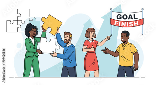 Team of People Holding Puzzle Pieces Near Finish Line.