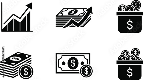 WebBlack finance icons set showing money growth savings cash profit investment symbols isolated on white background for business banking and financial concepts