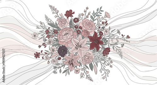 Elegant Floral Bouquet with Wavy Fabric - Botanical Illustration