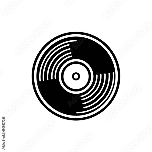 Black and white vinyl record icon. Circle shape with grooves and a central hole