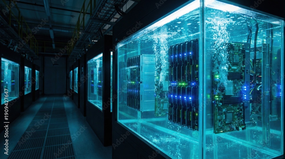custom made wallpaper toronto digitalServer racks submerged in liquid cooling tanks in a data center.