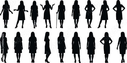 Collection of female silhouettes in different standing poses, black woman figure shapes isolated on white background for fashion, business, people, and lifestyle design