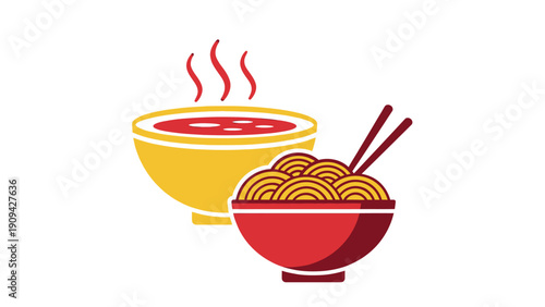 Illustration of two bowls of food, one with broth and steam, the other with noodles