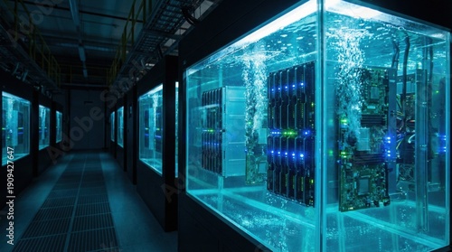 Wallpaper Mural Server racks submerged in liquid cooling tanks in a data center. Torontodigital.ca