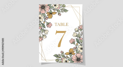 Elegant Floral Table Number 7 Card - Spring Flowers, Wedding Invitation Design