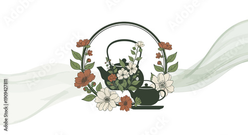 Elegant Floral Teapot Illustration with Botanical Wreath and Wavy Background