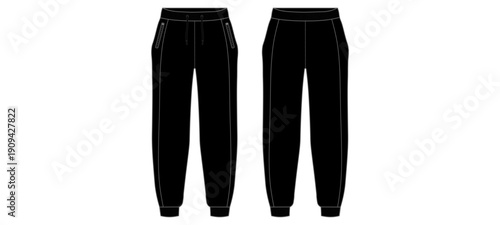 Black Jogger Pants Front and Back View Vector Mockup
