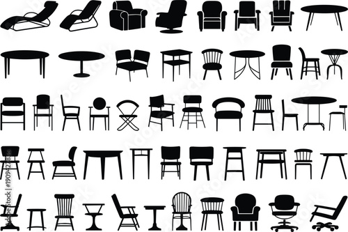 Modern furniture silhouettes set, chairs tables armchairs loungers collection, black vector icons isolated, interior design elements minimalist decor illustration