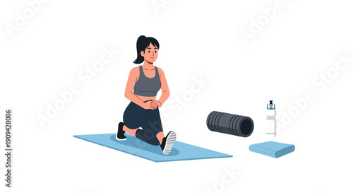 A focused woman performs a lunge stretch on a blue yoga mat, accompanied by a foam roller, water bottle, and towel, highlighting recovery and flexibility.