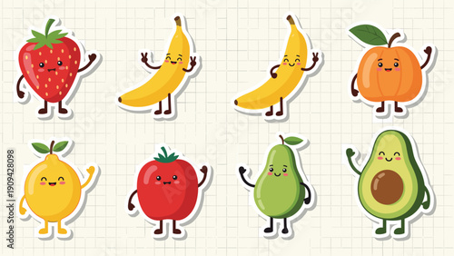 Set of various cute fruit stickers with happy faces and arms including red strawberry, yellow banana, and tomato.