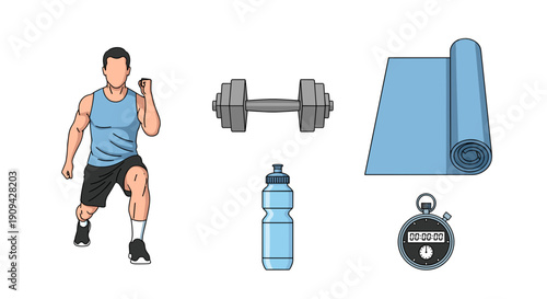 An illustrative collection of essential fitness equipment and an active man performing lunges, perfect for demonstrating a comprehensive workout routine.