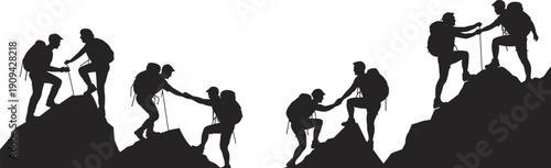 Mountain climbers helping each other silhouette, hiking teamwork support on rocky peak, leadership partnership success adventure vector illustration