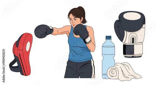 An athletic woman actively training in boxing, demonstrating a powerful punch, surrounded by essential boxing and workout gear.