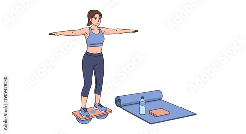 A focused woman maintaining balance on a specialized fitness board during an exercise routine, alongside a yoga mat, water bottle, and yoga block.