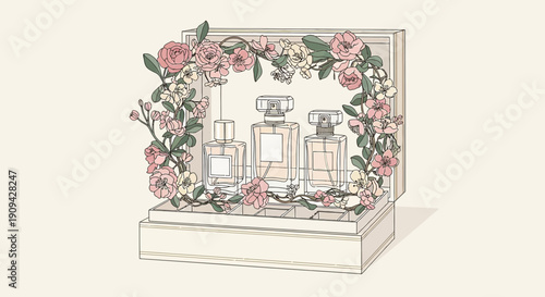 Elegant Perfume Bottles with Floral Garland - Luxury Beauty Product Illustration