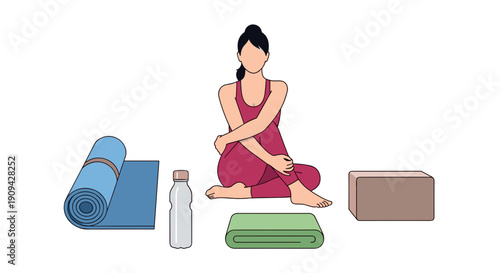 A serene woman sitting comfortably in a meditative, cross-legged pose, accompanied by a neatly arranged set of yoga and wellness accessories.