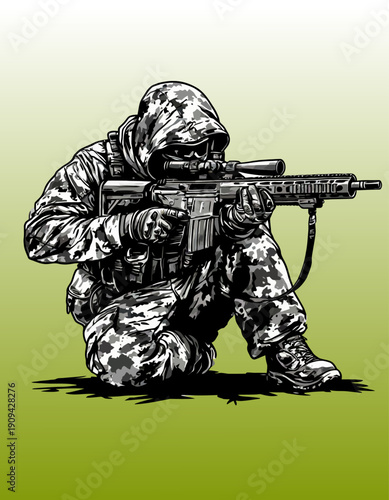 067-03- Soldier in tactical gear holding a scoped rifle, ready for action