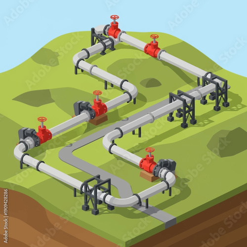 Industrial pipeline infrastructure on green landscape.