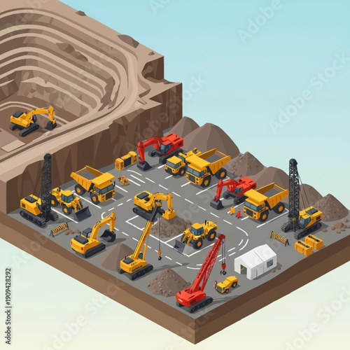 Construction site with various heavy machinery and equipment.