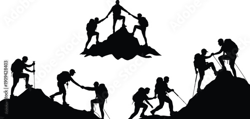 Mountain climbers teamwork silhouette illustration, hikers helping each other summit peak adventure, leadership support success concept vector design