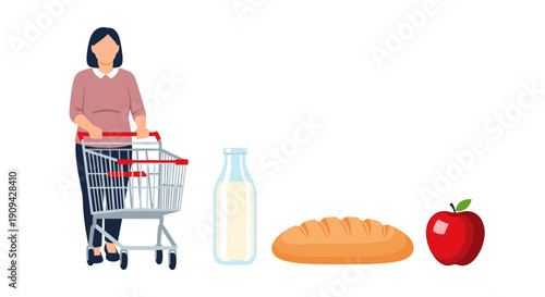 A woman wearing a pink top pushes an empty grocery cart, with separate illustrations of milk, a loaf of bread, and a red apple, symbolizing basic shopping needs or empty cart potential.