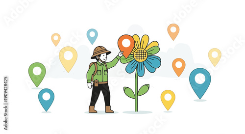 Explorer Placing Pin on Giant Flower Surrounded by Location Markers