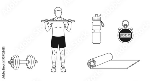 A simplified line art illustration of a man holding a barbell, surrounded by workout essentials like a dumbbell, water bottle, stopwatch, and rolled yoga mat, signifying fitness and training.