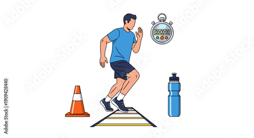 A dynamic man in sportswear is vigorously performing agility ladder drills, with a timer and water bottle accompanying his intense workout.
