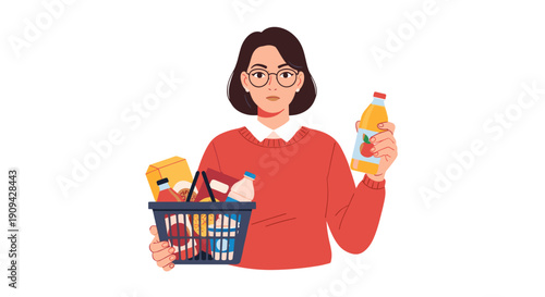 A woman with eyeglasses and a red sweater holds a bottle of juice and a full shopping basket, representing a successful grocery trip focused on beverages and diverse provisions.