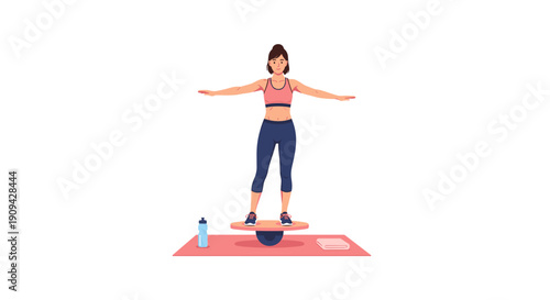 A focused woman performing a dynamic balance exercise on a stability board with outstretched arms, enhancing core strength and coordination indoors.