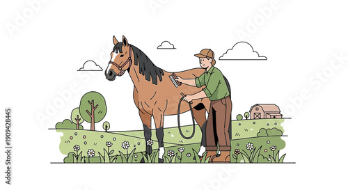 Equestrian Care: Person Brushing Horse in Sunny Meadow with Flowers
