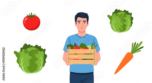A cheerful man proudly holds a wooden crate overflowing with fresh vegetables, surrounded by large individual vegetables like tomatoes, lettuce, and carrots.