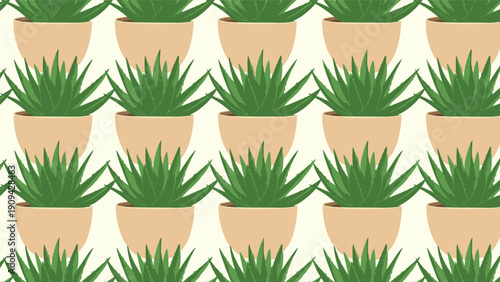 Repeating pattern of small green aloe vera plants in simple beige pots against a light cream colored background.