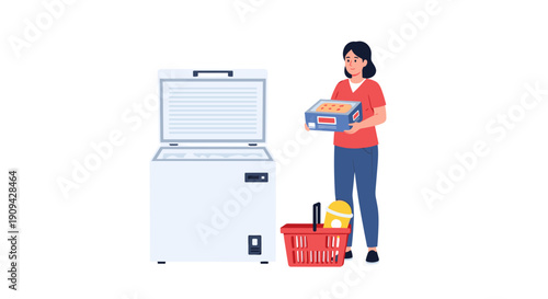 A woman in a red shirt is placing frozen food items into an open chest freezer, with a small red shopping basket nearby.