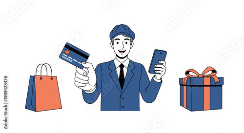 A smiling businessman in a blue suit confidently holds a credit card and a smartphone, flanked by a shopping bag and a wrapped gift box.