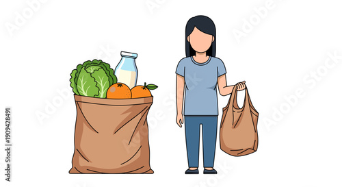 A content woman stands beside a large reusable bag overflowing with fresh groceries, while holding another reusable tote bag for shopping.